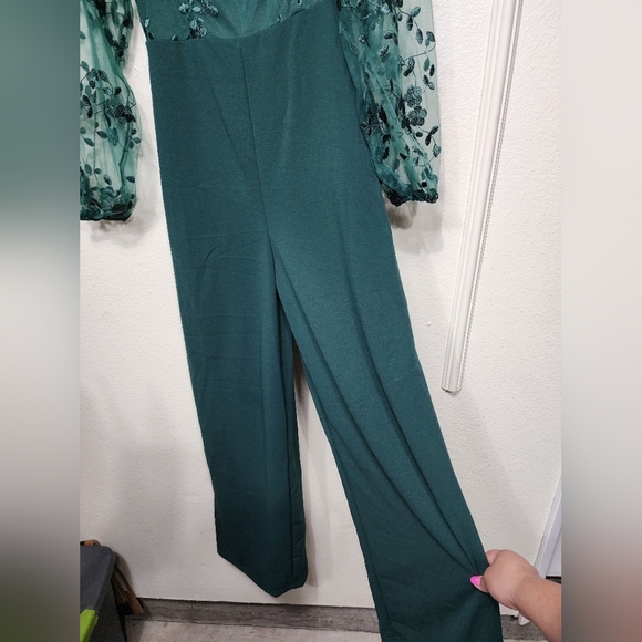 Lulus Darling Charisma Emerald Mesh Embroidered Jumpsuit M Wedding Party Evening - Picture 8 of 10